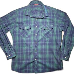 Design in Italy Men's Large Green Blue Plaid Flannel Long Sleeve Button Up Shirt